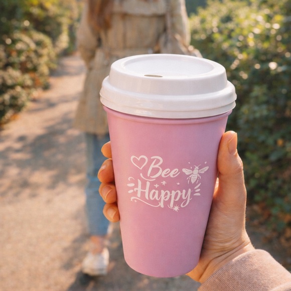 True Living Other - True Living “Bee Happy” Reusable Coffee Tumbler Set | Pink | 16 oz | 2 Pack